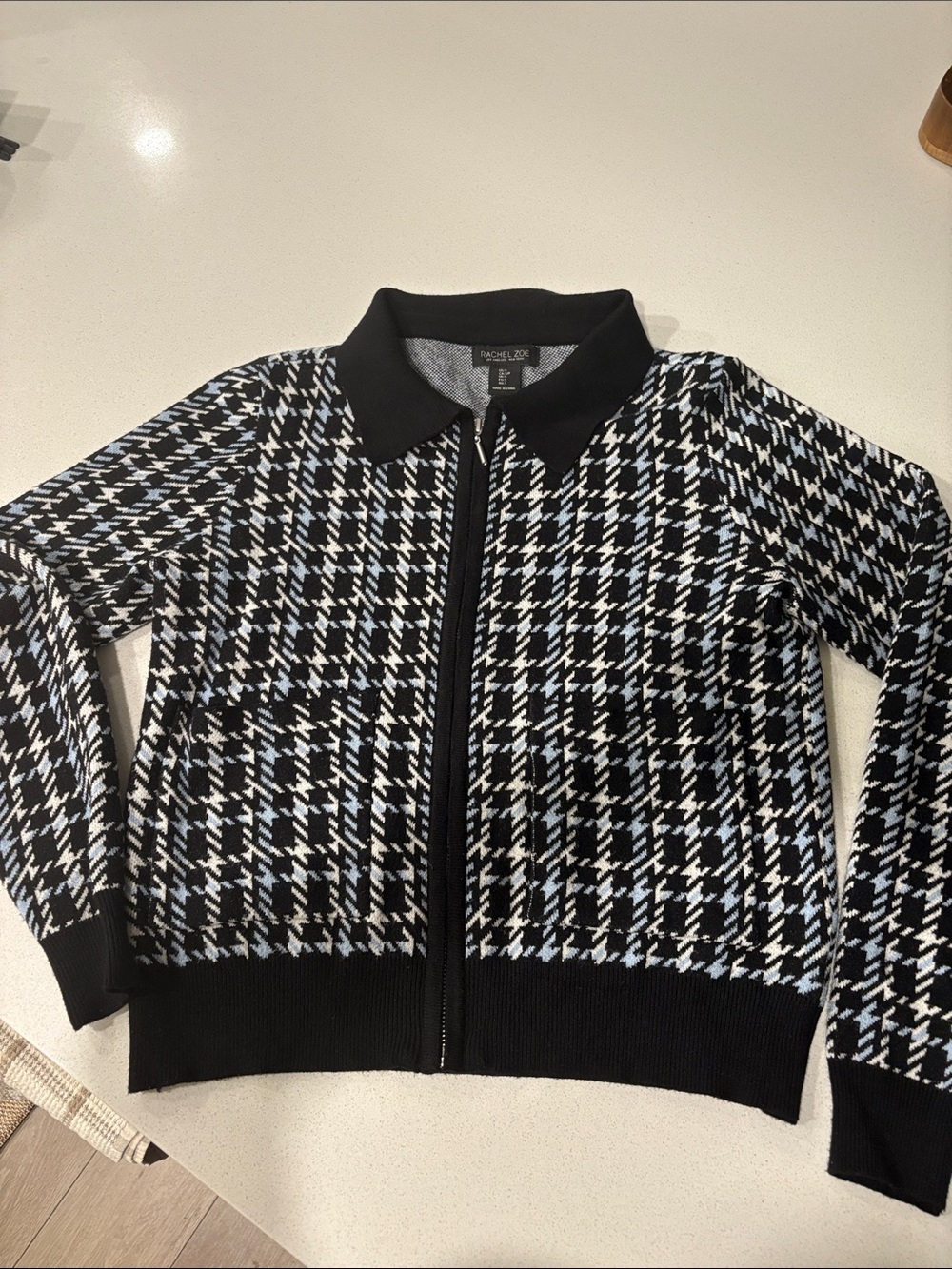 Rachel Zoe Black, White & Light Blue Houndstooth Zip-Up Jacket S